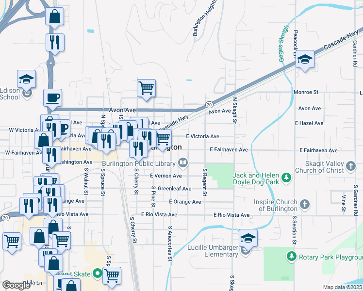 map of restaurants, bars, coffee shops, grocery stores, and more near 835 East Fairhaven Avenue in Burlington