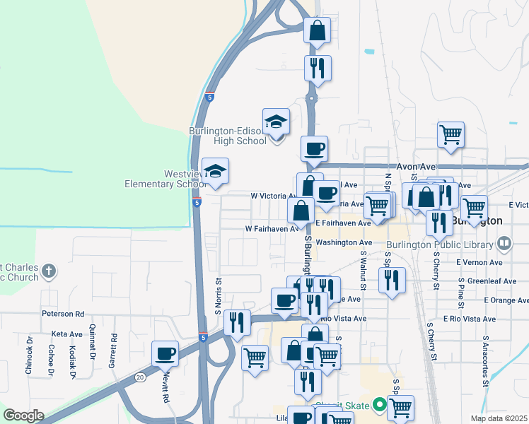 map of restaurants, bars, coffee shops, grocery stores, and more near 113 North McKinley Street in Burlington