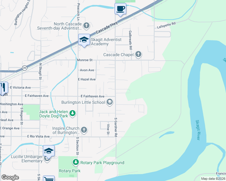 map of restaurants, bars, coffee shops, grocery stores, and more near 1824 Barnum Lane in Burlington