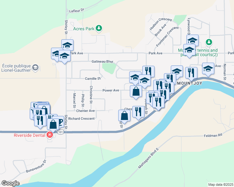 map of restaurants, bars, coffee shops, grocery stores, and more near 1191 Power Avenue in Timmins