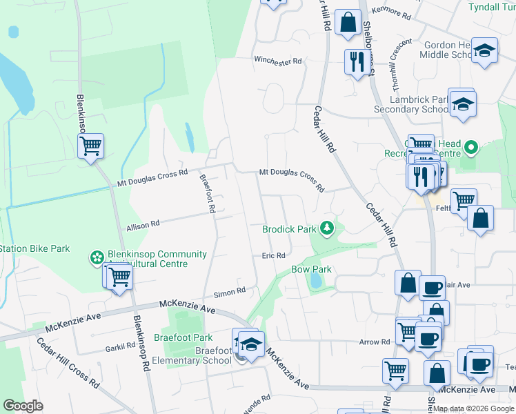 map of restaurants, bars, coffee shops, grocery stores, and more near 4066 Livingstone Avenue North in Victoria