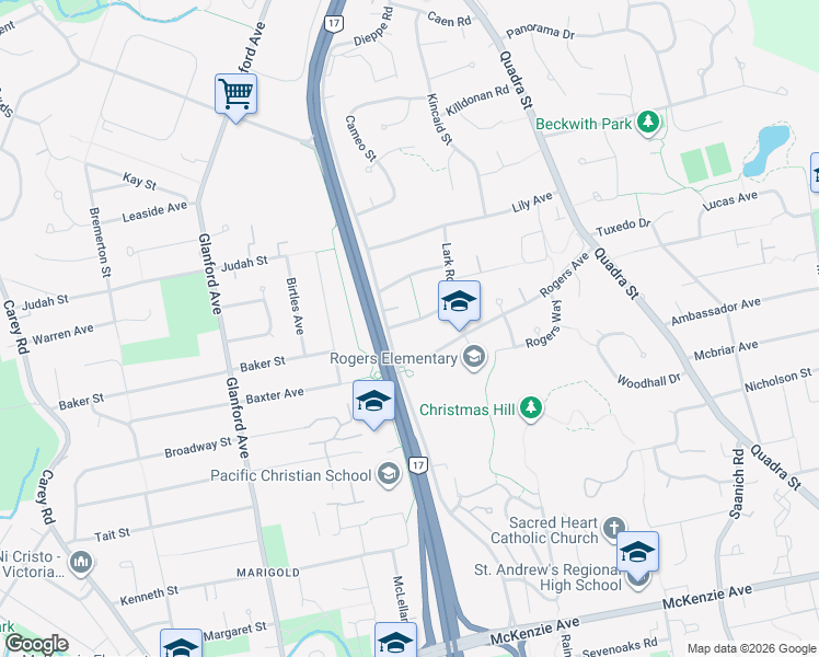 map of restaurants, bars, coffee shops, grocery stores, and more near 734 Rogers Avenue in Victoria