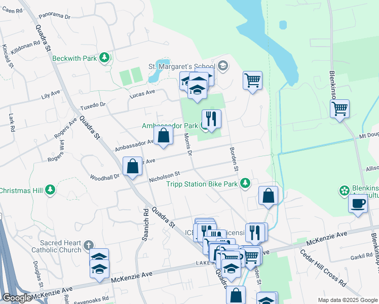 map of restaurants, bars, coffee shops, grocery stores, and more near Mcbriar Avenue in Victoria