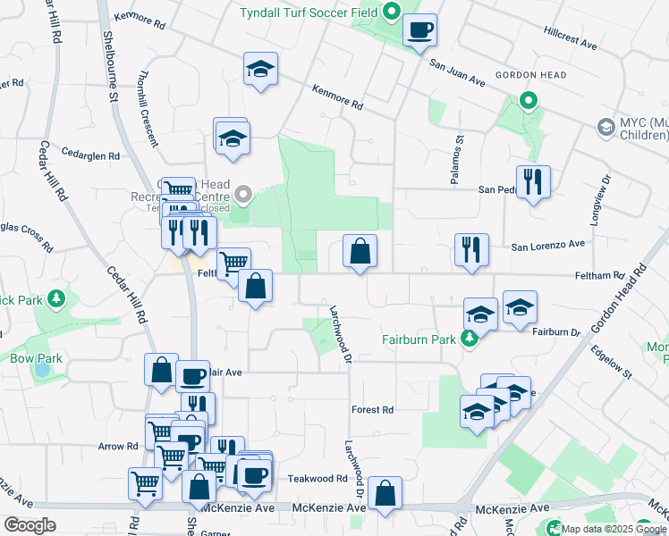 map of restaurants, bars, coffee shops, grocery stores, and more near 1756 Feltham Road in Victoria