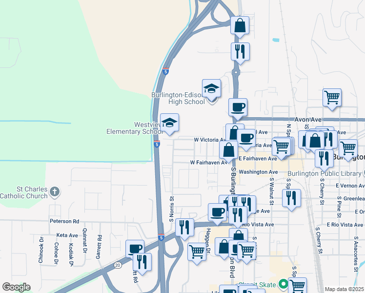 map of restaurants, bars, coffee shops, grocery stores, and more near 421 Simons Avenue in Burlington