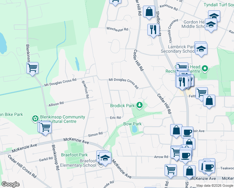 map of restaurants, bars, coffee shops, grocery stores, and more near 1572 Eric Road in Victoria
