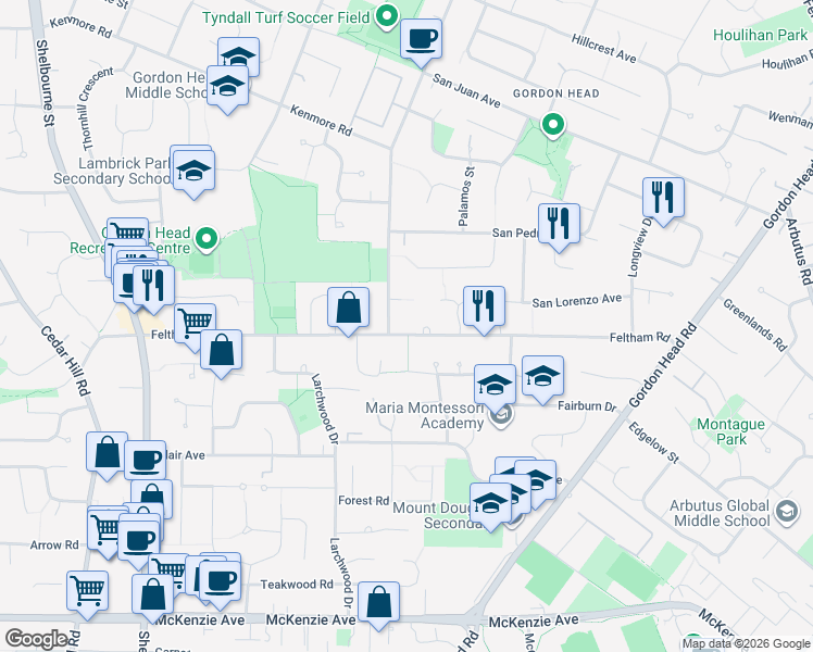 map of restaurants, bars, coffee shops, grocery stores, and more near 4043 Tyndall Place in Victoria