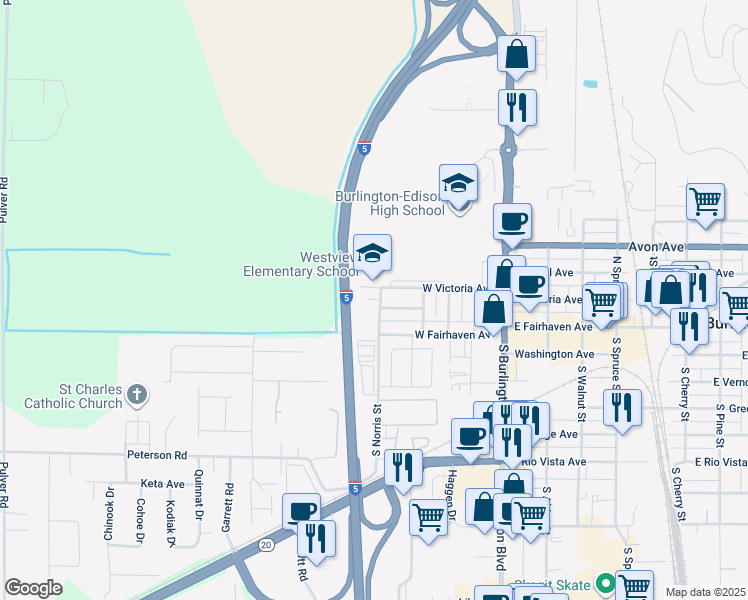 map of restaurants, bars, coffee shops, grocery stores, and more near 515 West Victoria Avenue in Burlington