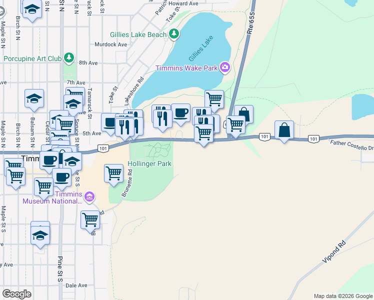 map of restaurants, bars, coffee shops, grocery stores, and more near 562 Algonquin Boulevard East in Timmins