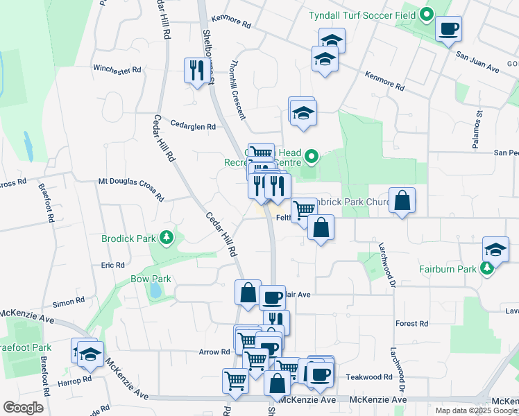 map of restaurants, bars, coffee shops, grocery stores, and more near 4099 Shelbourne Street in Victoria