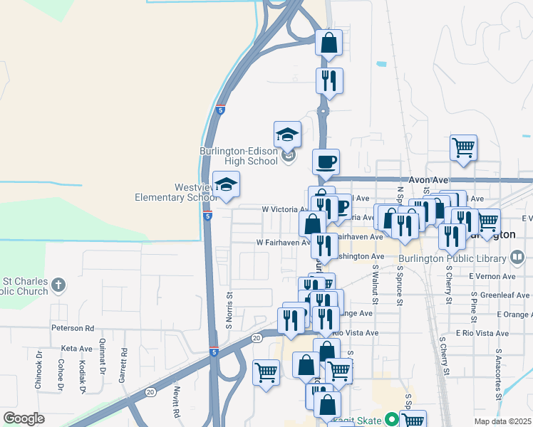 map of restaurants, bars, coffee shops, grocery stores, and more near 328 West Victoria Avenue in Burlington