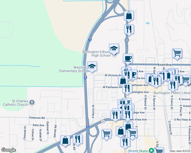 map of restaurants, bars, coffee shops, grocery stores, and more near 411 West Victoria Avenue in Burlington