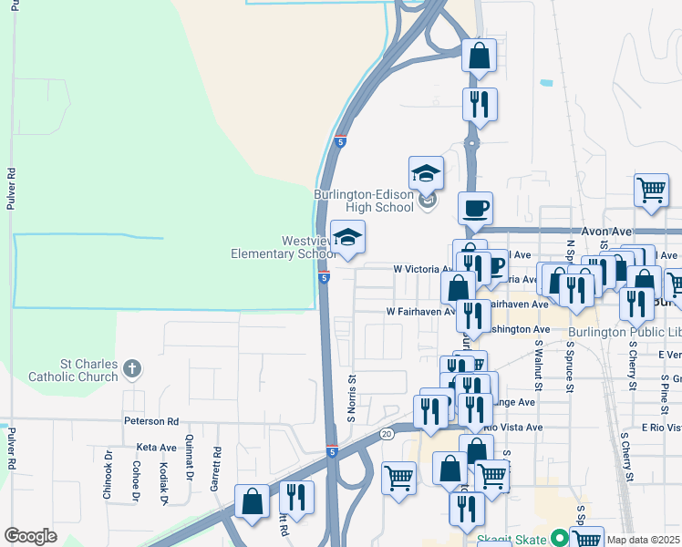 map of restaurants, bars, coffee shops, grocery stores, and more near 515 West Victoria Avenue in Burlington