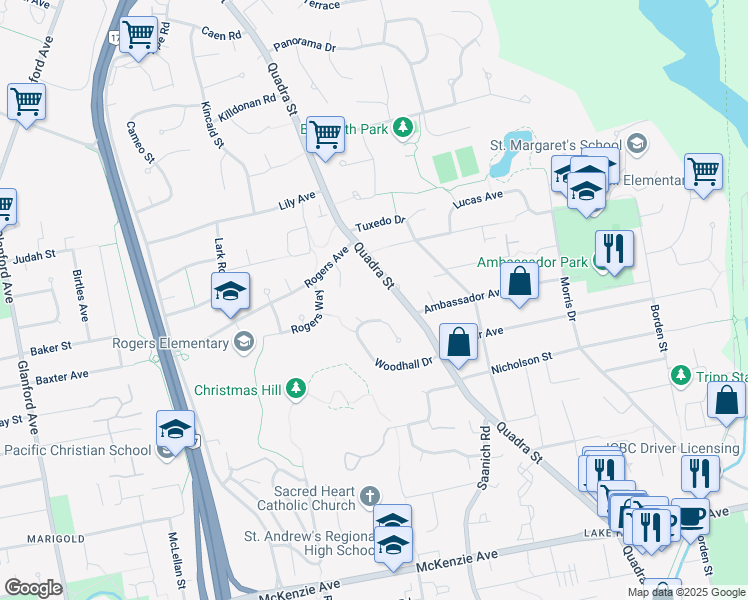 map of restaurants, bars, coffee shops, grocery stores, and more near 4130 Quadra Street in Victoria