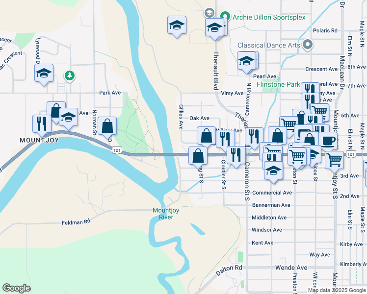 map of restaurants, bars, coffee shops, grocery stores, and more near 48 Gillies Avenue in Timmins