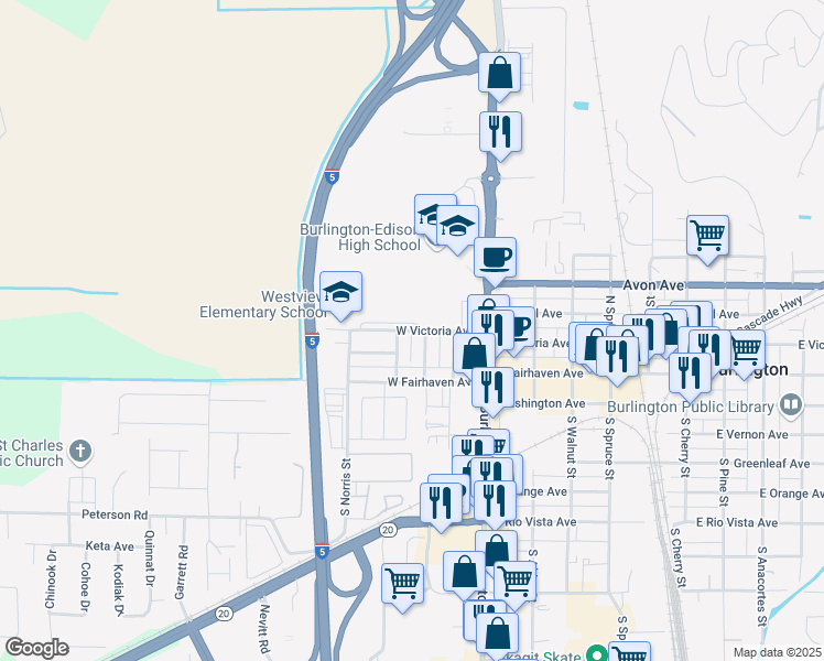 map of restaurants, bars, coffee shops, grocery stores, and more near West Victoria Avenue in Burlington