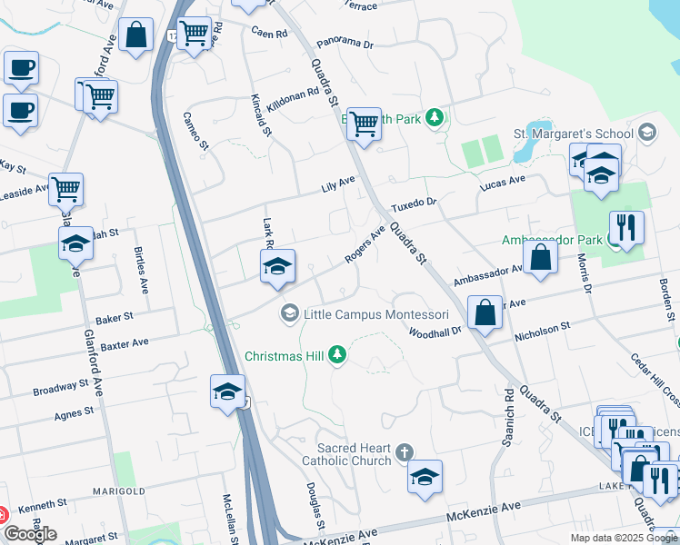 map of restaurants, bars, coffee shops, grocery stores, and more near 815 Rogers Avenue in Victoria