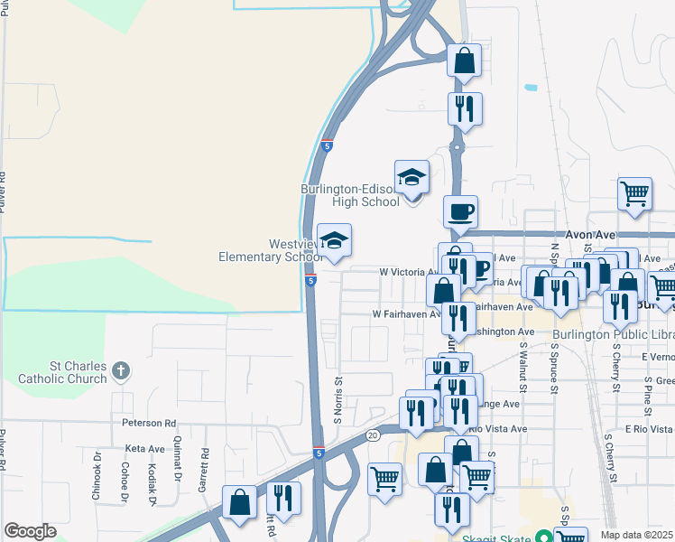 map of restaurants, bars, coffee shops, grocery stores, and more near 515 West Victoria Avenue in Burlington