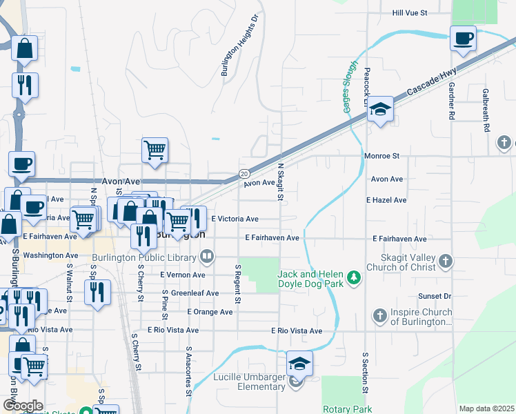 map of restaurants, bars, coffee shops, grocery stores, and more near 1036 East Hazel Avenue in Burlington