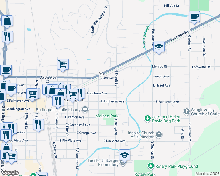 map of restaurants, bars, coffee shops, grocery stores, and more near 1036 East Hazel Avenue in Burlington