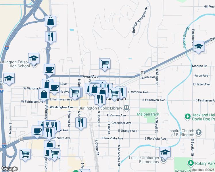 map of restaurants, bars, coffee shops, grocery stores, and more near 221 North Pine Street in Burlington