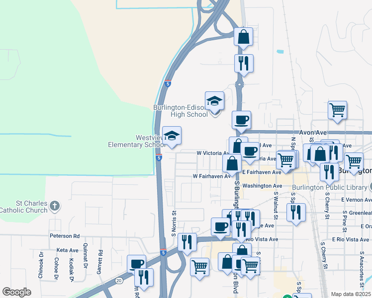 map of restaurants, bars, coffee shops, grocery stores, and more near 411 West Victoria Avenue in Burlington