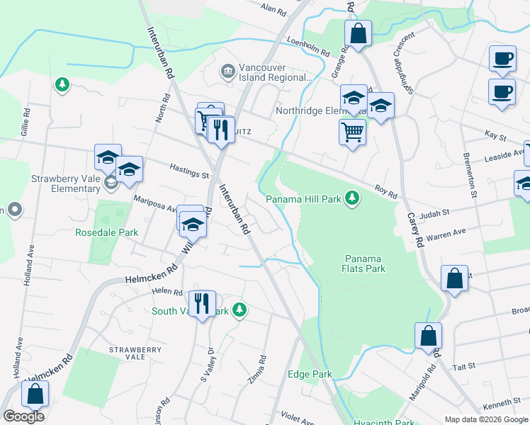 map of restaurants, bars, coffee shops, grocery stores, and more near 4125 Interurban Road in Victoria