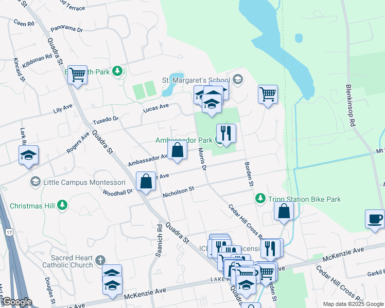 map of restaurants, bars, coffee shops, grocery stores, and more near 995 Ambassador Avenue in Victoria