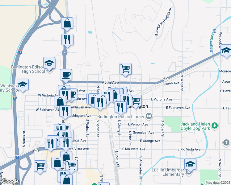 map of restaurants, bars, coffee shops, grocery stores, and more near 275 North Cherry Street in Burlington