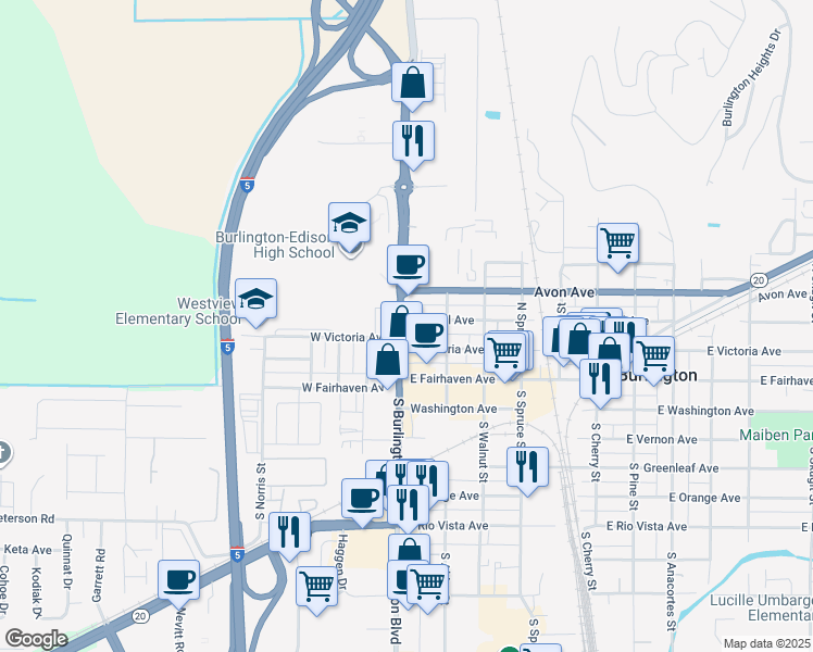 map of restaurants, bars, coffee shops, grocery stores, and more near 280 North Burlington Boulevard in Burlington