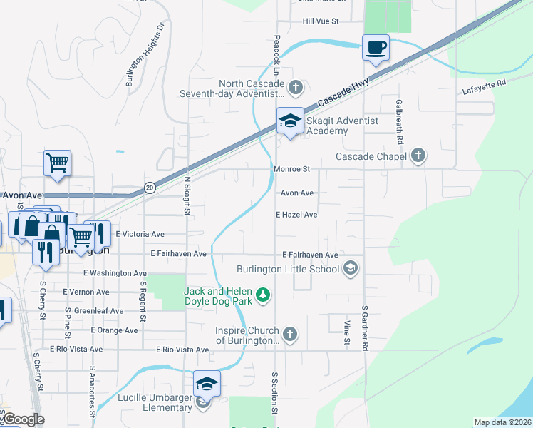 map of restaurants, bars, coffee shops, grocery stores, and more near 301 North Section Street in Burlington