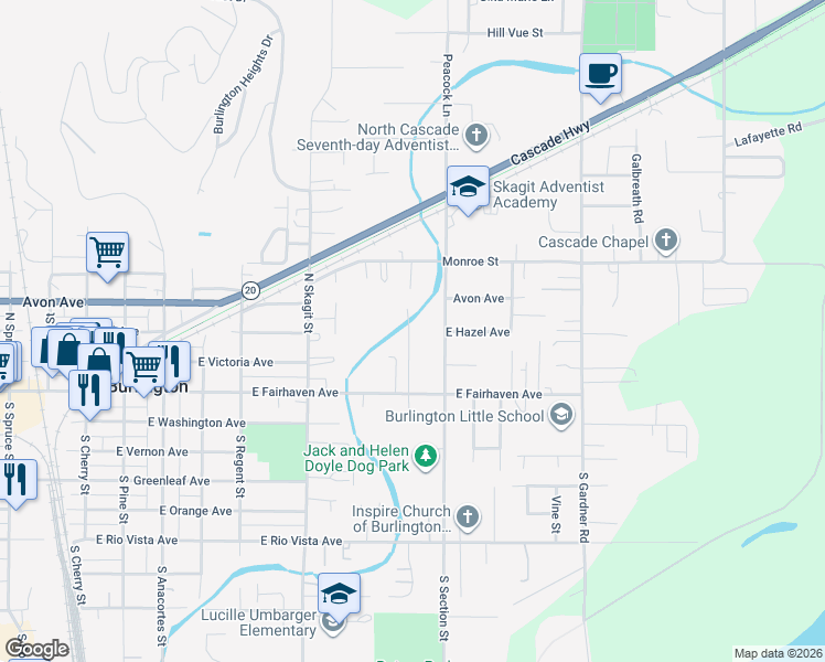 map of restaurants, bars, coffee shops, grocery stores, and more near 301 North Section Street in Burlington