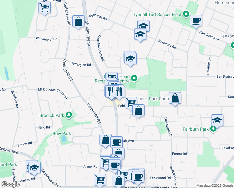 map of restaurants, bars, coffee shops, grocery stores, and more near 4099 Shelbourne Street in Victoria