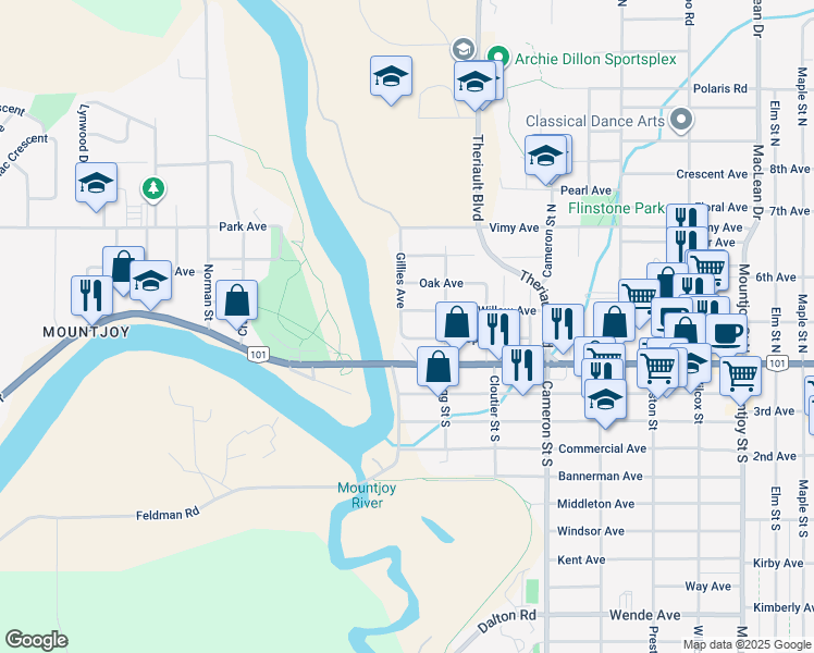 map of restaurants, bars, coffee shops, grocery stores, and more near 48 Gillies Avenue in Timmins