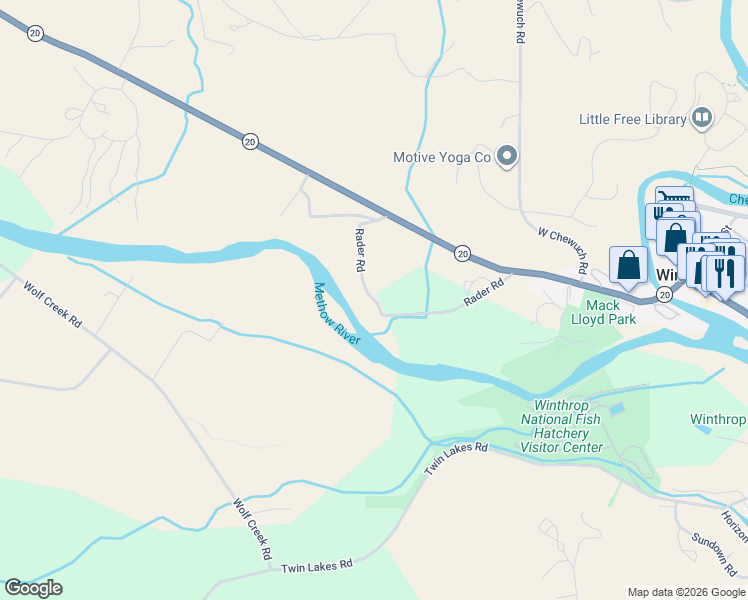 map of restaurants, bars, coffee shops, grocery stores, and more near 3 River Road in Winthrop