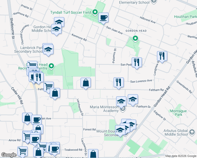 map of restaurants, bars, coffee shops, grocery stores, and more near 4043 Tyndall Place in Victoria