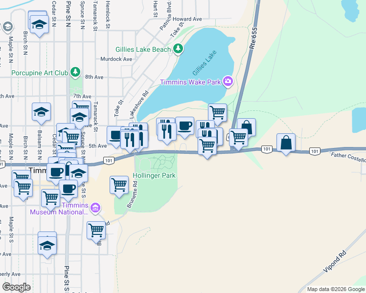 map of restaurants, bars, coffee shops, grocery stores, and more near 562 Algonquin Boulevard East in Timmins