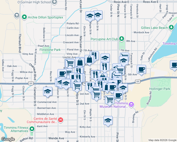 map of restaurants, bars, coffee shops, grocery stores, and more near 75 Maple Street North in Timmins