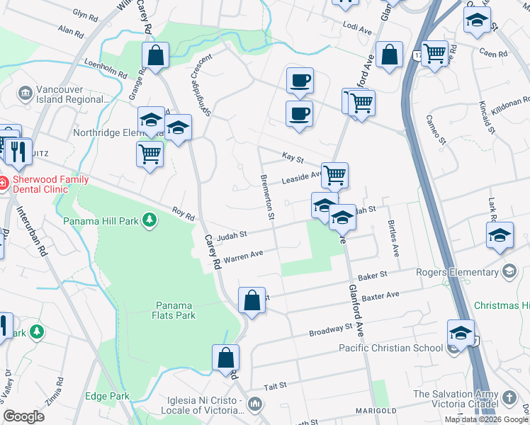 map of restaurants, bars, coffee shops, grocery stores, and more near 553 Dunbar Crescent in Victoria