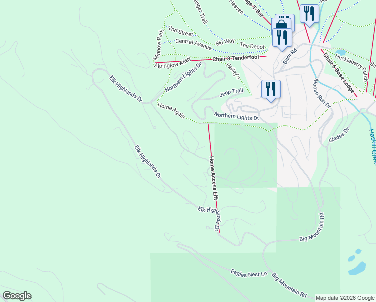 map of restaurants, bars, coffee shops, grocery stores, and more near 200 Ridge Run Drive in Whitefish