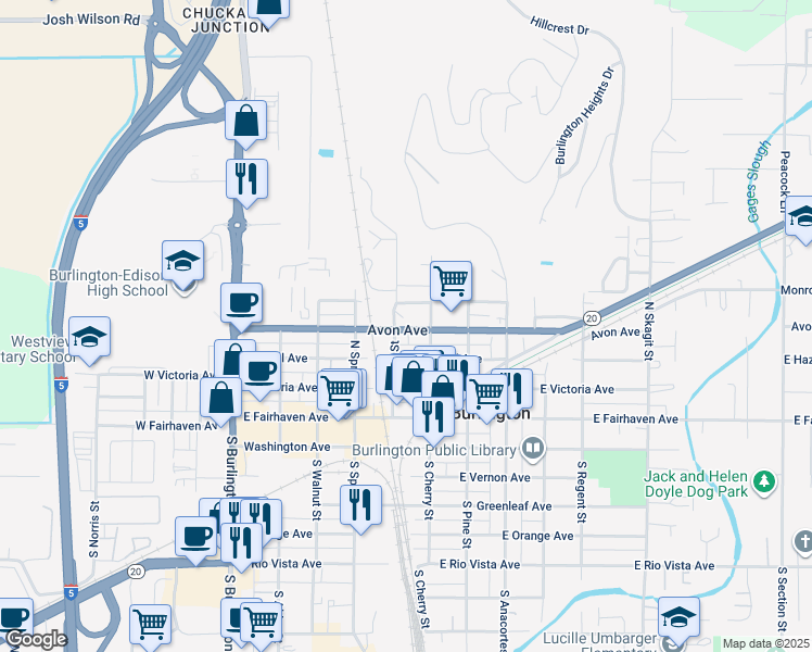 map of restaurants, bars, coffee shops, grocery stores, and more near 511 Avon Avenue in Burlington