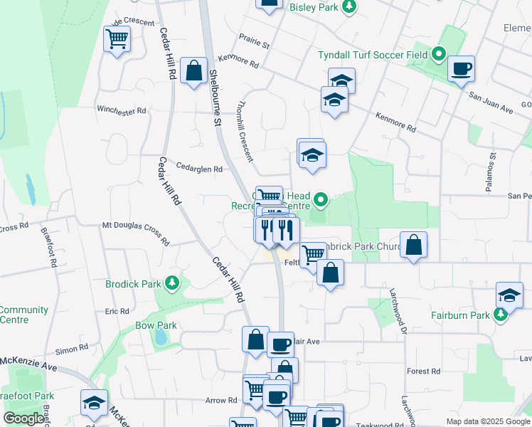 map of restaurants, bars, coffee shops, grocery stores, and more near 4113 Shelbourne Street in Victoria