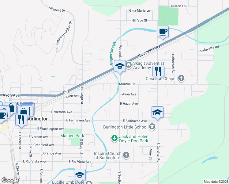 map of restaurants, bars, coffee shops, grocery stores, and more near 1422 Monroe Street in Burlington