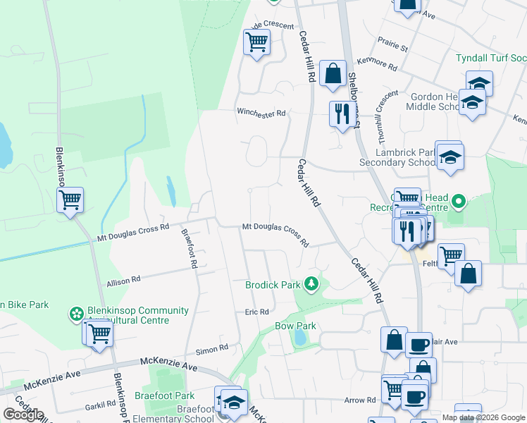 map of restaurants, bars, coffee shops, grocery stores, and more near 4108 Mercer Place in Victoria