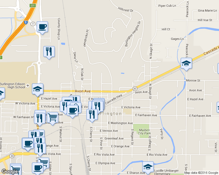 map of restaurants, bars, coffee shops, grocery stores, and more near 417 North Anacortes Street in Burlington