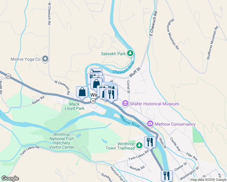 map of restaurants, bars, coffee shops, grocery stores, and more near 239 Englar Street in Winthrop