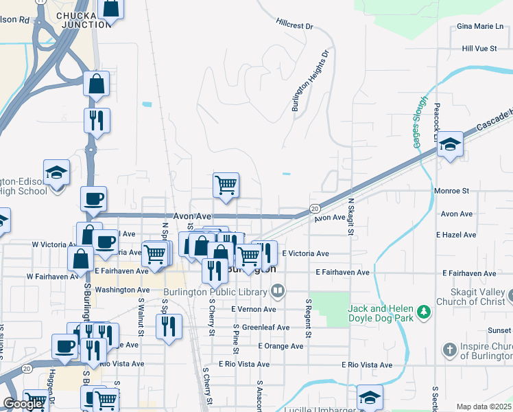 map of restaurants, bars, coffee shops, grocery stores, and more near 417 North Anacortes Street in Burlington