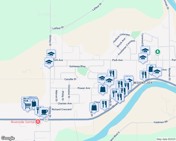 map of restaurants, bars, coffee shops, grocery stores, and more near 1173 Gatineau Boulevard in Timmins