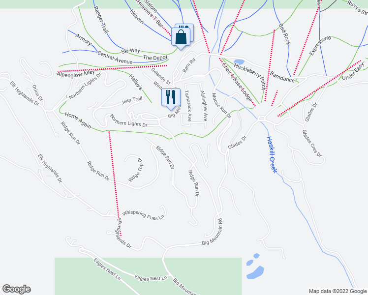 map of restaurants, bars, coffee shops, grocery stores, and more near 304 Wood Run Drive in Whitefish