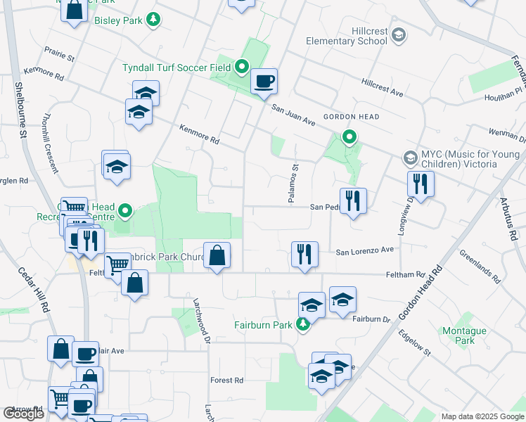 map of restaurants, bars, coffee shops, grocery stores, and more near 1807 San Pedro Avenue in Victoria